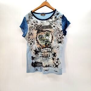 Boho Paradise Blue Canyon Beach Scene Medium Hibiscus Graphic Tee Nautical